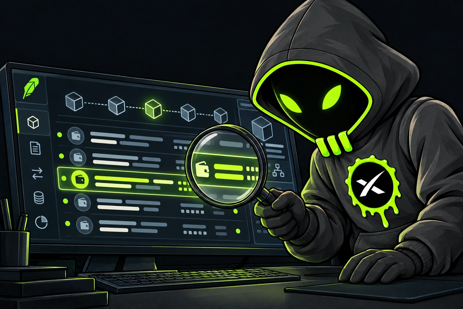 Spacehood examines a wallet row on a Robinhood Chain blockchain explorer with a magnifying glass