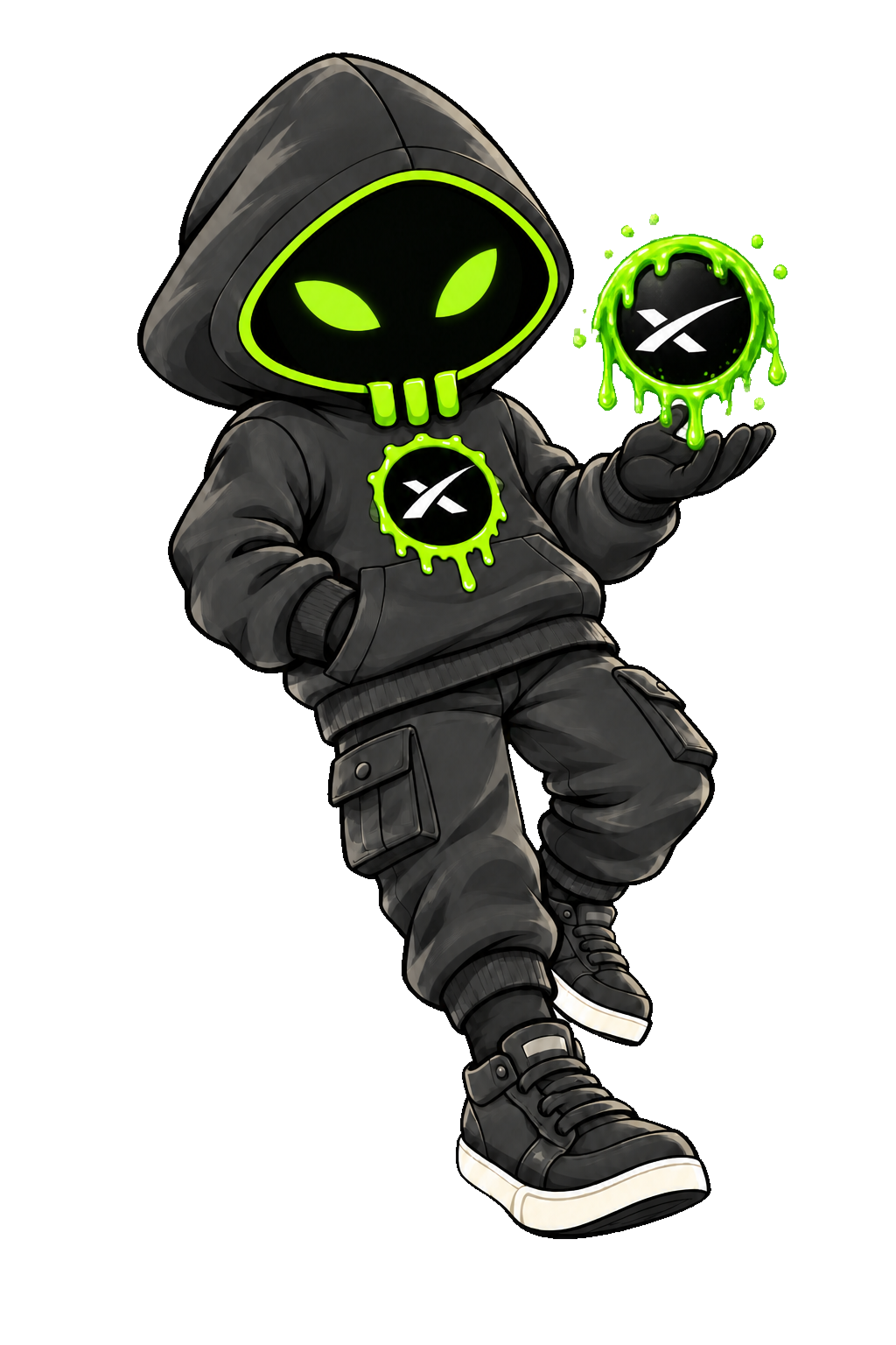 Spacehood floating with a logo orb held above one palm