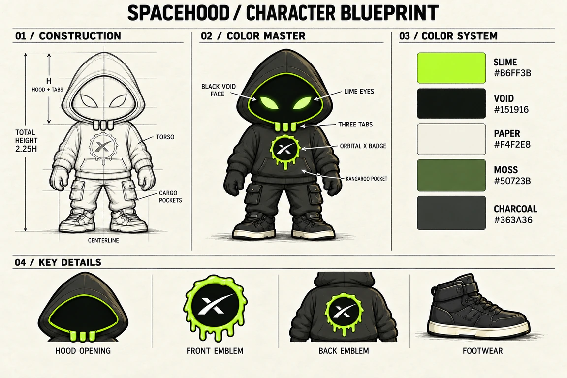 Spacehood character blueprint with construction guides, a colored front view, five color swatches, and hood, emblem and footwear details